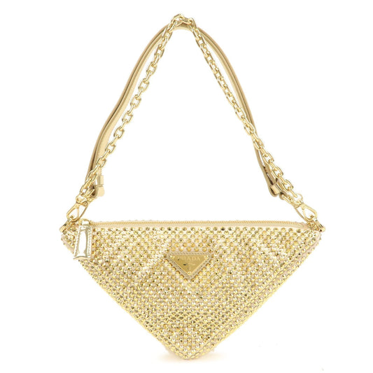 Prada Triangle Rhine Stone Shoulder Bag Leather Satin Gold
