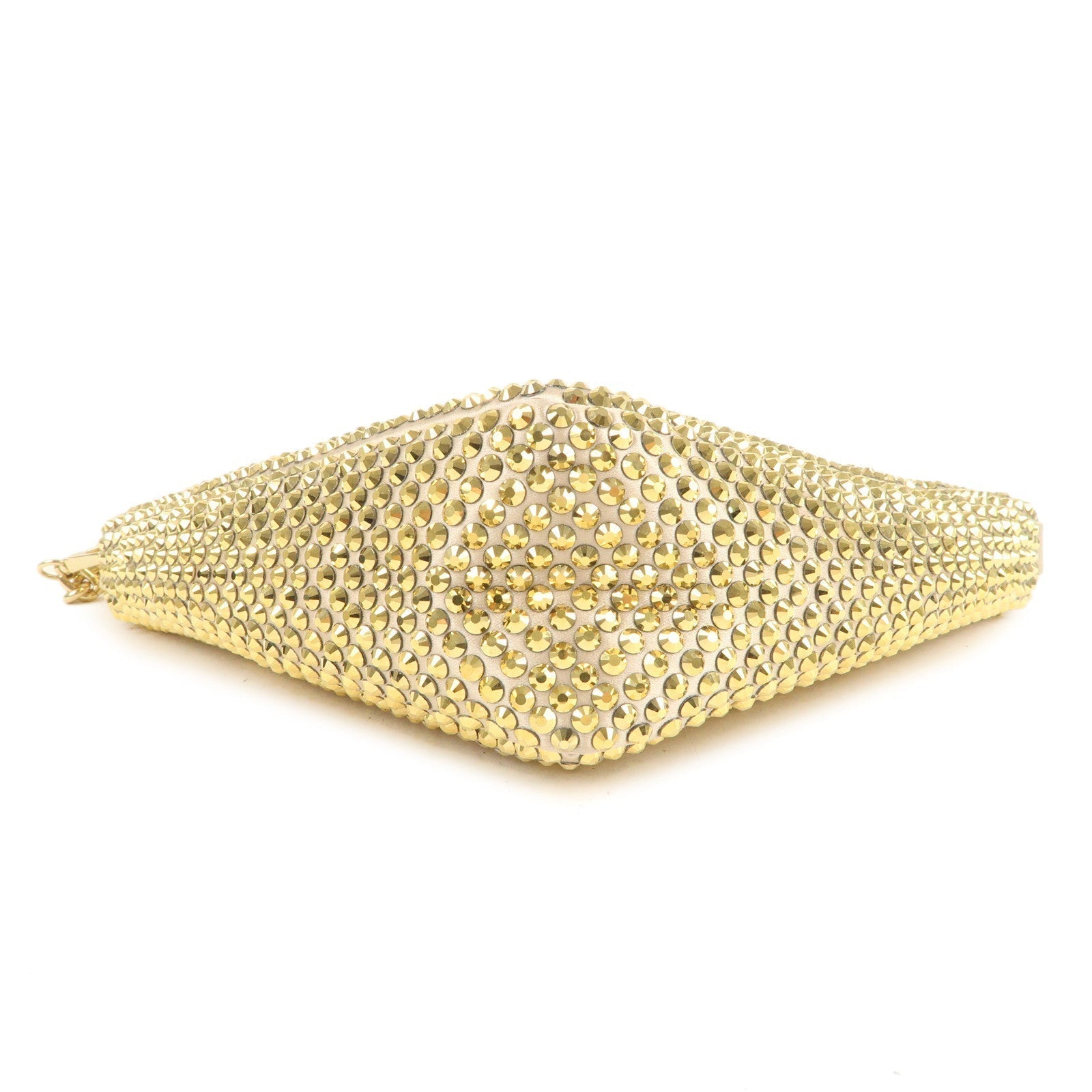 Prada Triangle Rhine Stone Shoulder Bag Leather Satin Gold