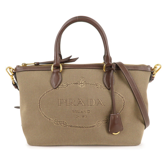 Prada Jacquard 2Way Shoulder Bag Leather Brown Beige