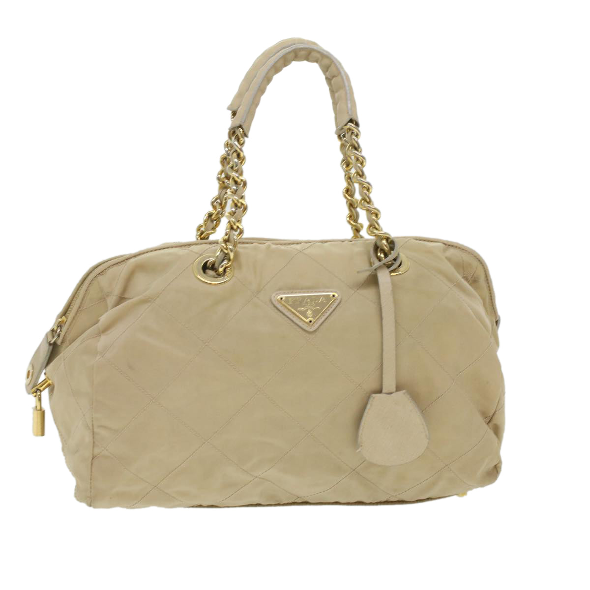 Prada Hand Bag Nylon Beige Chain Travel Bag