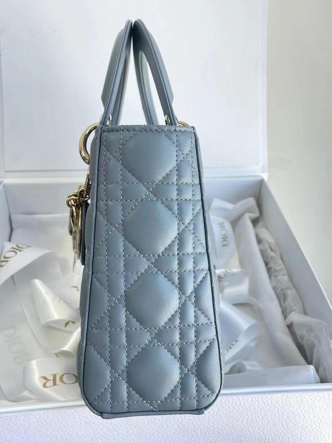 Dior Lady My Abc Pale Lambskin Cannage Handbag Leather Blue Travel Bag