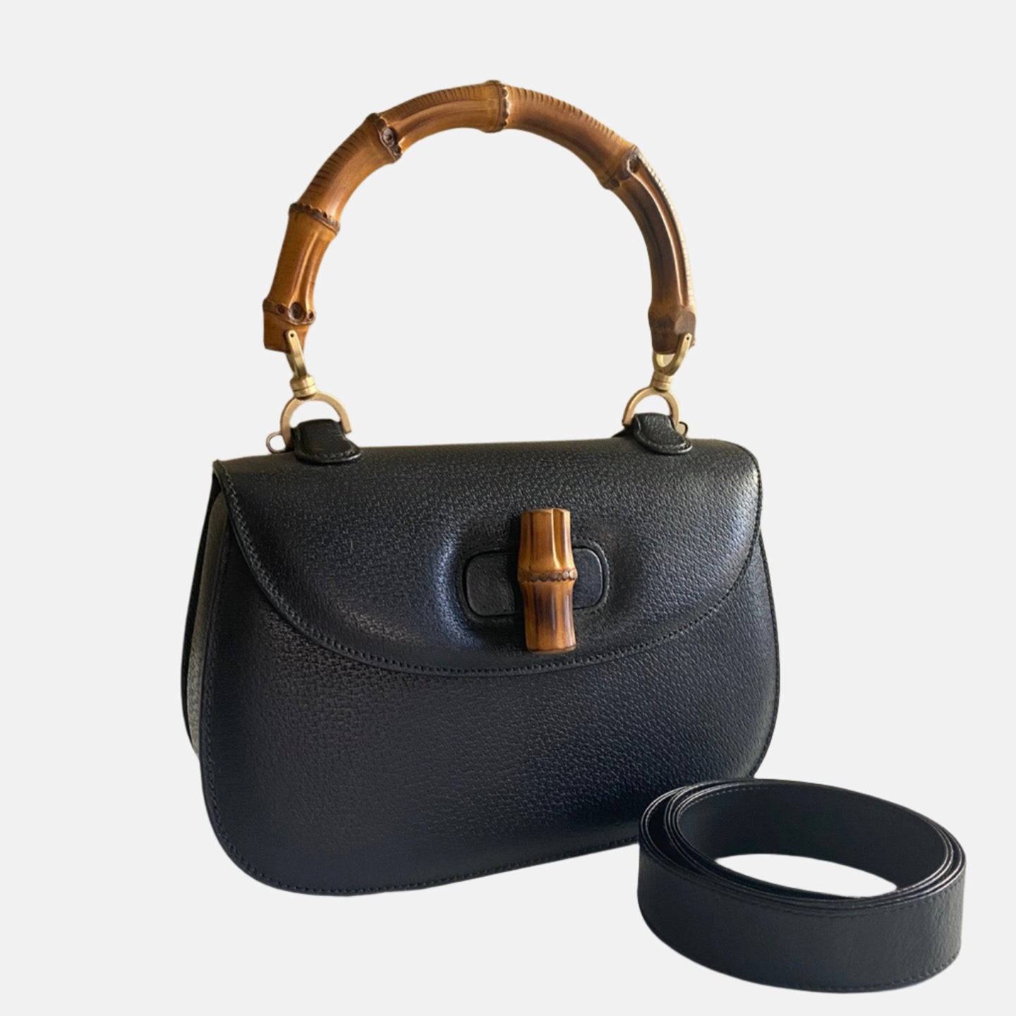 Gucci Bamboo Leather Black Medium Top Handle Travel Bag Medium Black
