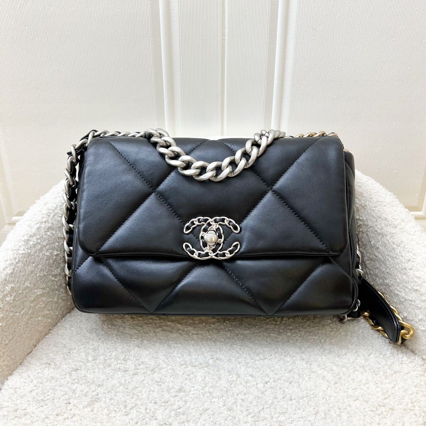 Chanel 19 Small Flap in Black Lambskin and 3-tone Hardware, Silver Turnlock (Model: ) Accessory