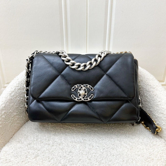 Chanel 19 Small Flap in Black Lambskin and 3-tone Hardware, Silver Turnlock (Model: ) Accessory