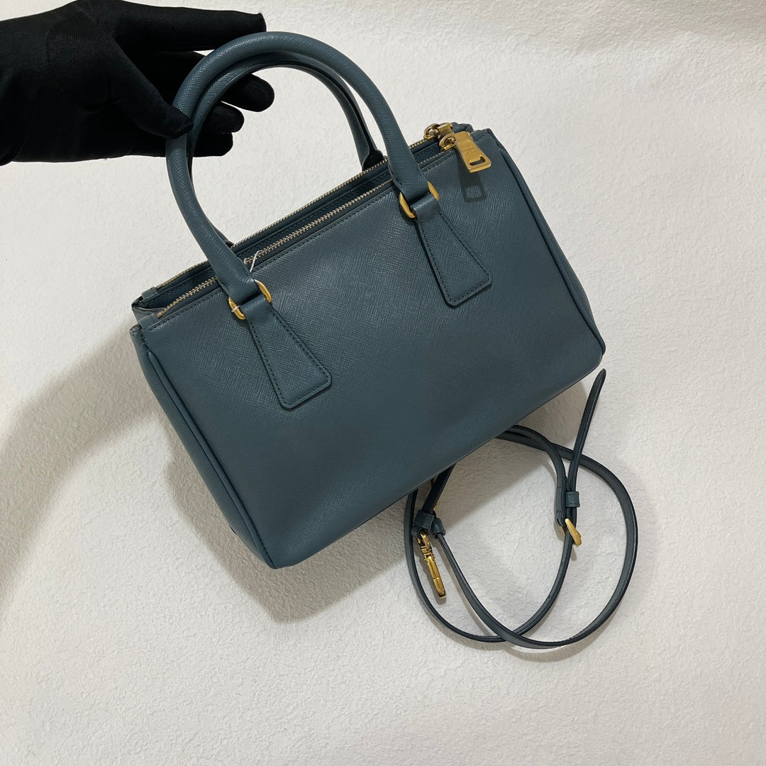 Prada Galleria Saffiano Grey Handbag With Strap Leather Blue Travel Bag