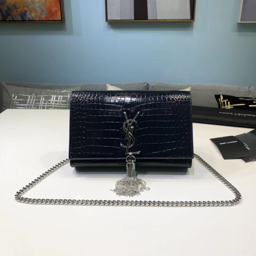 YSL Saint Laurent Kate Tassel Embossed 7.8in 20cm Black Small Chain Handbag Ysl 474366Dnd0N1000