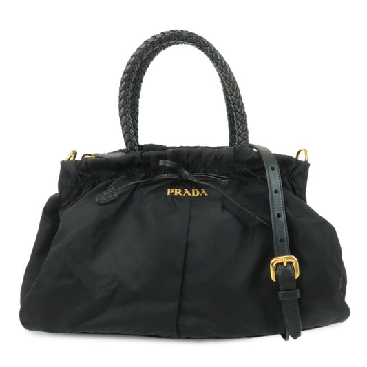Shoulder Bag Ribbon 2Way Hand Bag d Leather Nylon Black