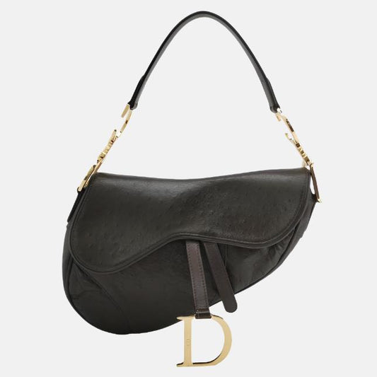 Dior Saddle Ostrich Dark Shoulder Bag Leather Brown