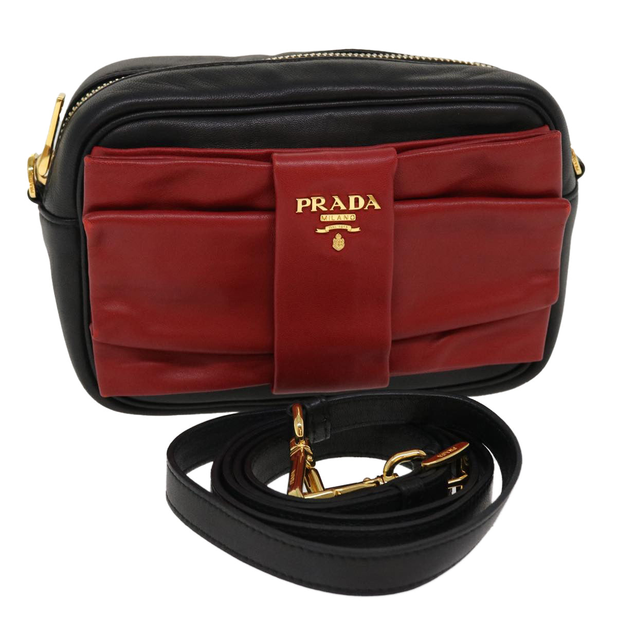 Prada Ribbon Shoulder Bag Leather Black Red