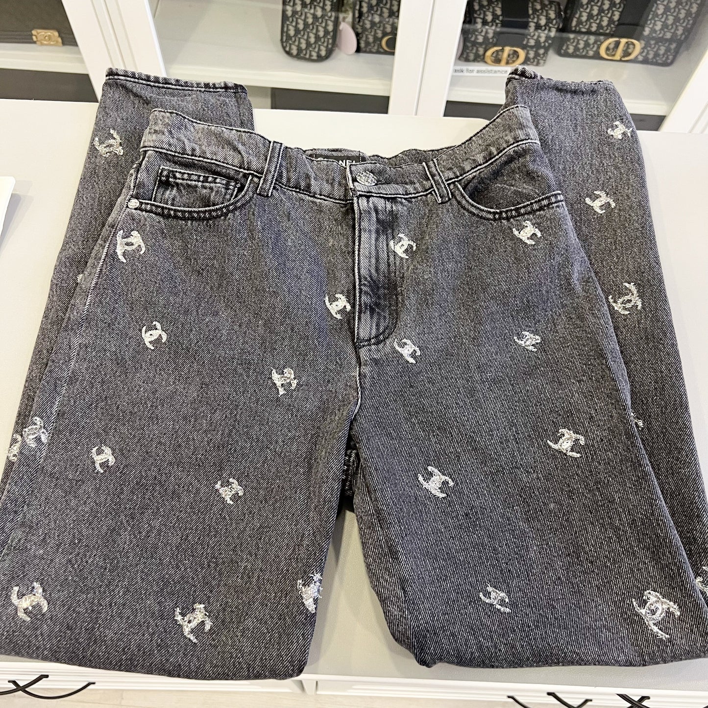 Chanel Black Denim Jeans with Silver Embroidered CC Logo Size 38 Apparel