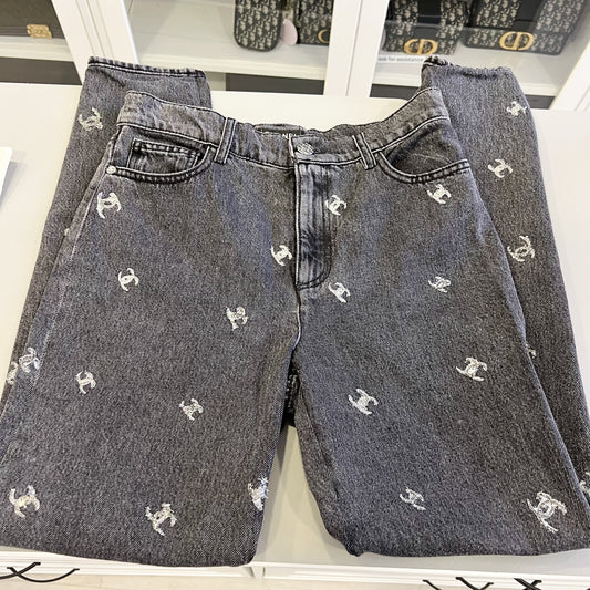 Chanel Black Denim Jeans with Silver Embroidered CC Logo Size 38 Apparel