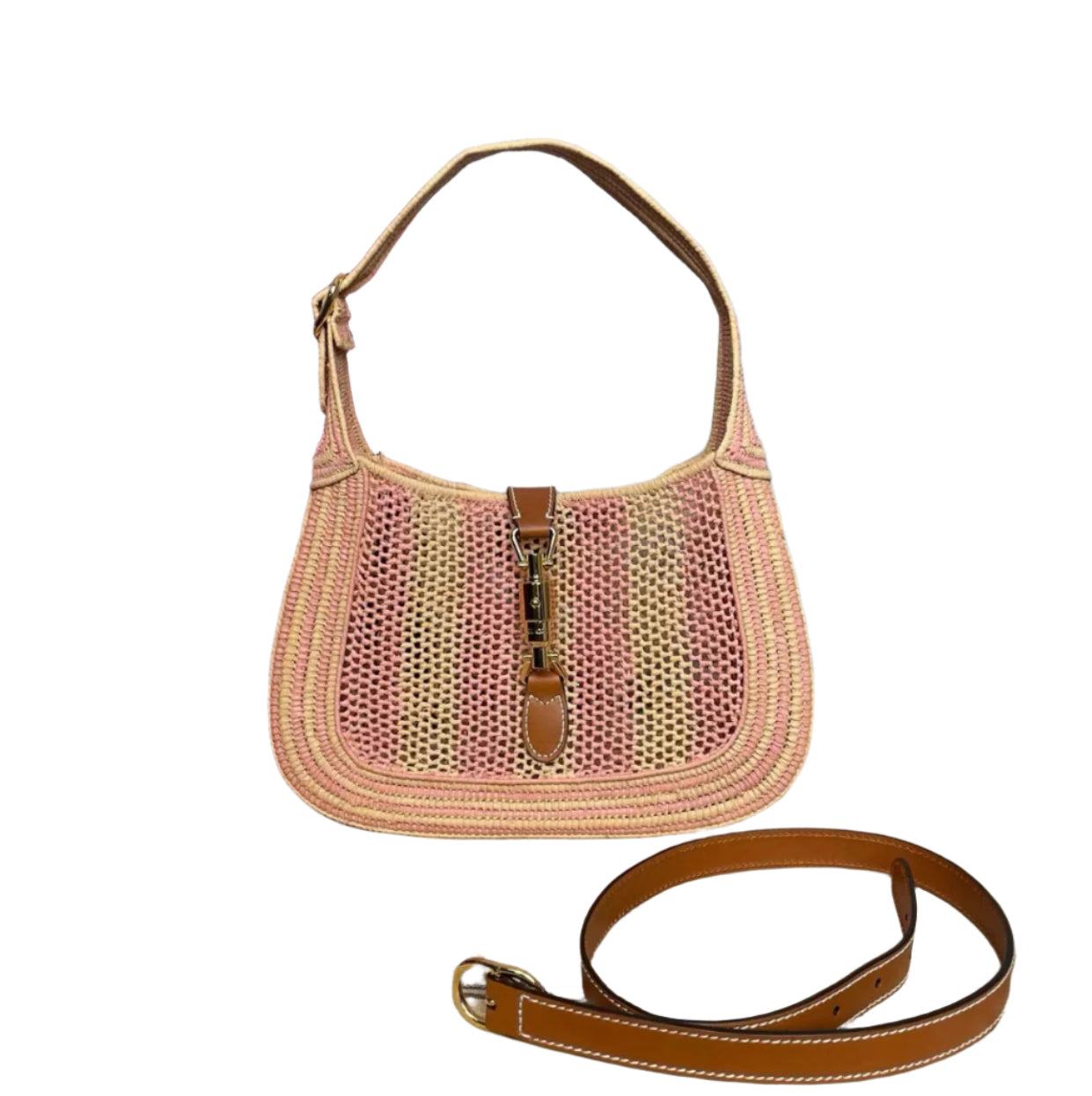 Gucci Jackie Wicker Hardware Strap Leather Pink Gold Travel Bag