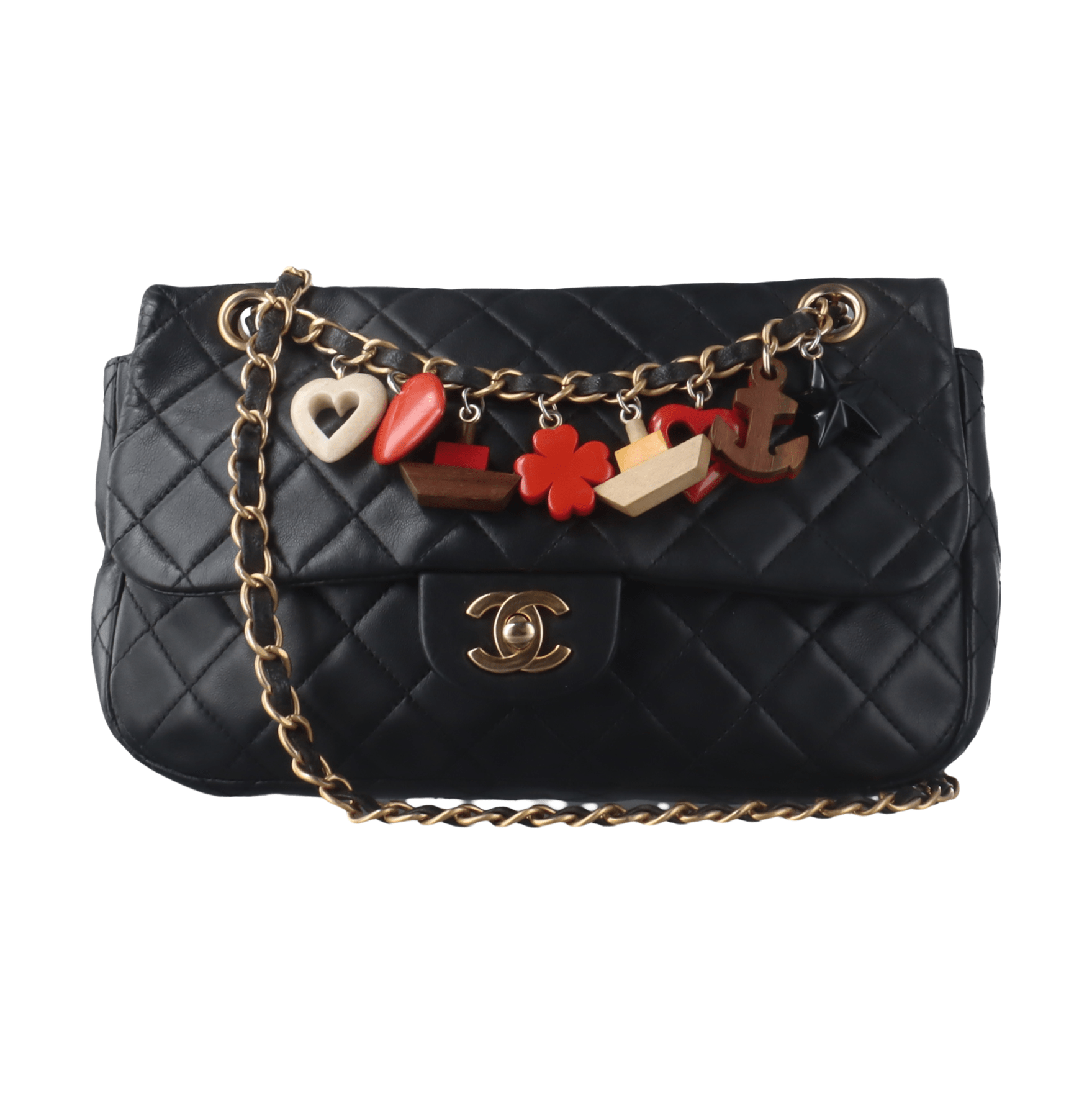 Chanel Classic Flap Lambskin Valentine Marine Charms Black Leather Key Chain