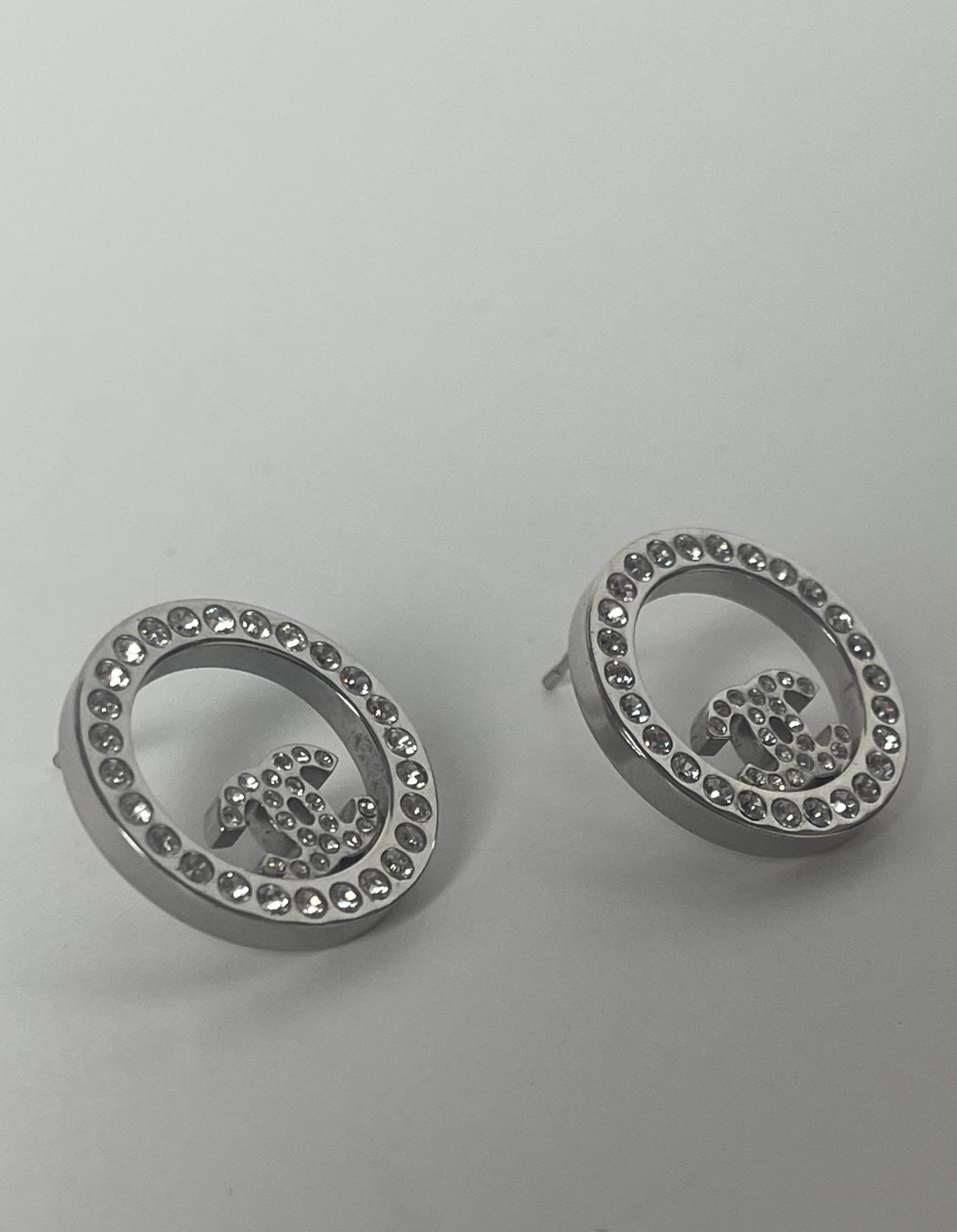 Chanel Silver Crystal Round CC Pierced Earrings Jewelry