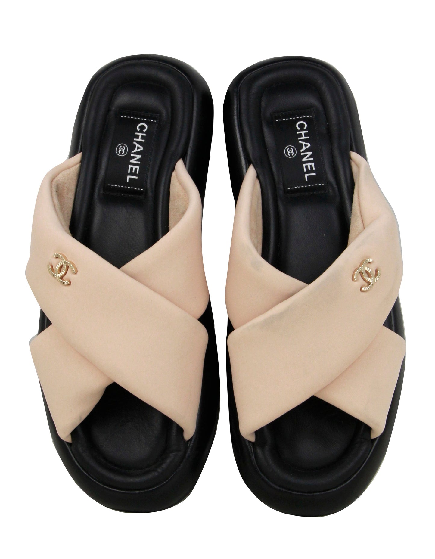 Chanel 2022 Nude/ Black Criss-Cross CC Logo Slides sz 39 Shoes