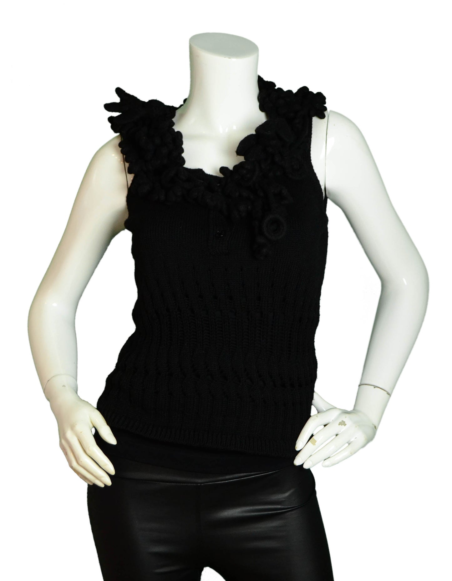 Chanel Black Knit Sleeveless Top w/Chunky Crochet Trim
