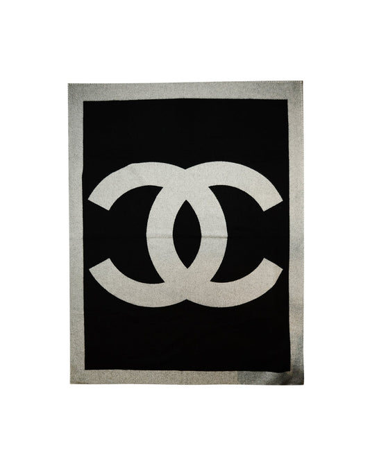 Chanel Black Grey Merino Wool & Cashmere CC Throw Blanket Accessory