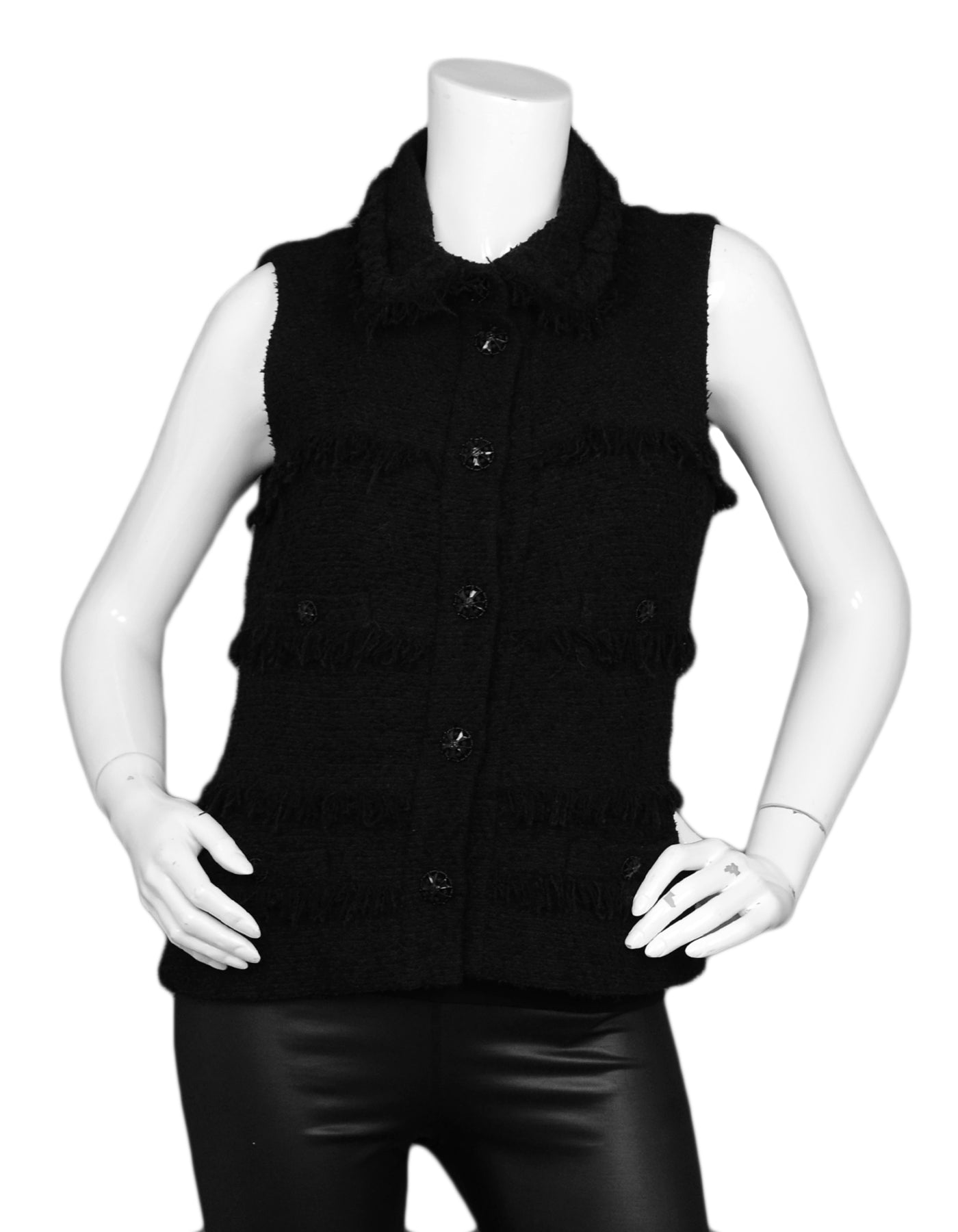 Chanel Black Wool Boucle Vest w/ Fringe sz 38 Accessory