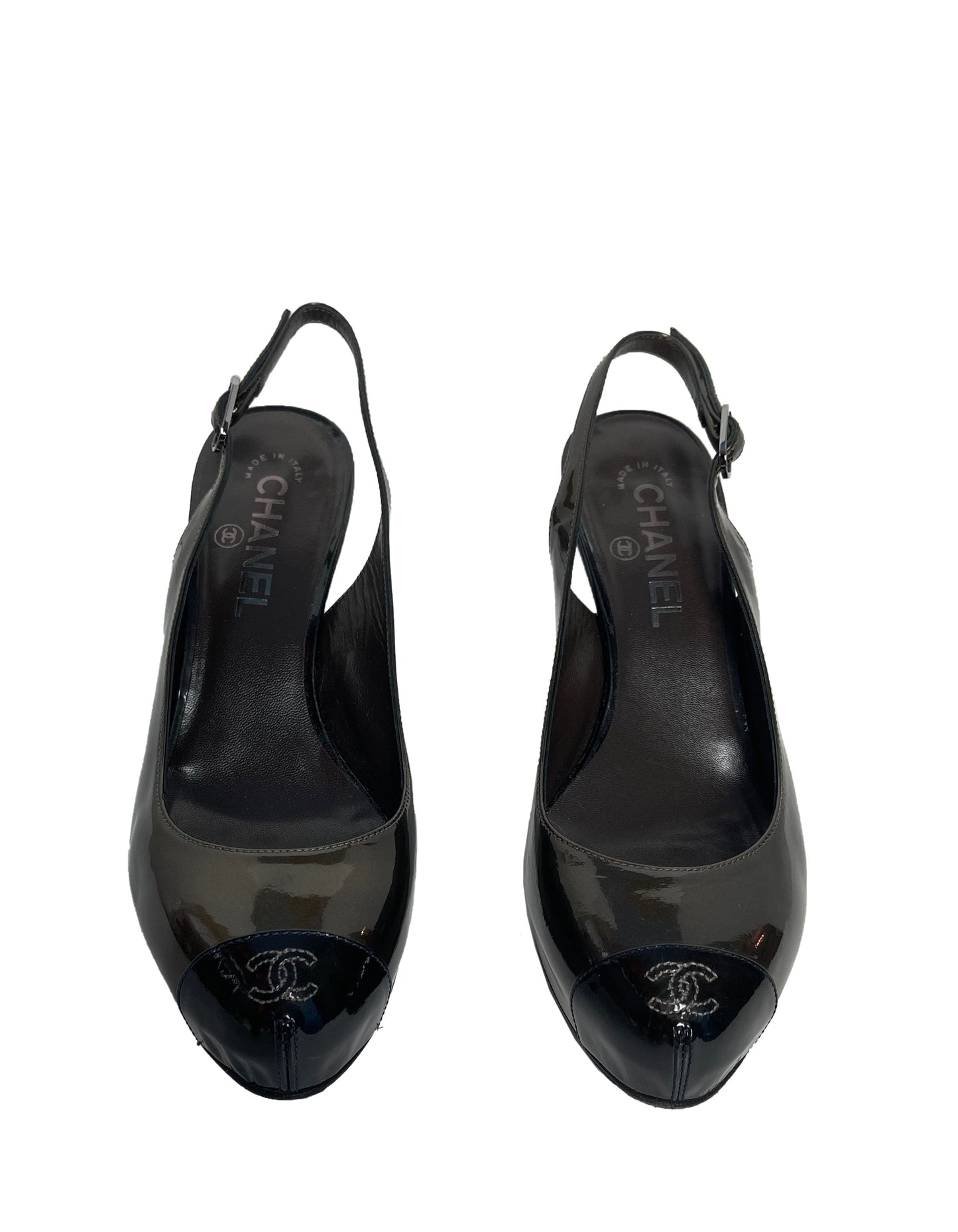 Chanel Bronze Patent Leather CC Captoe Metallic Slingbacks sz 38 Accessory