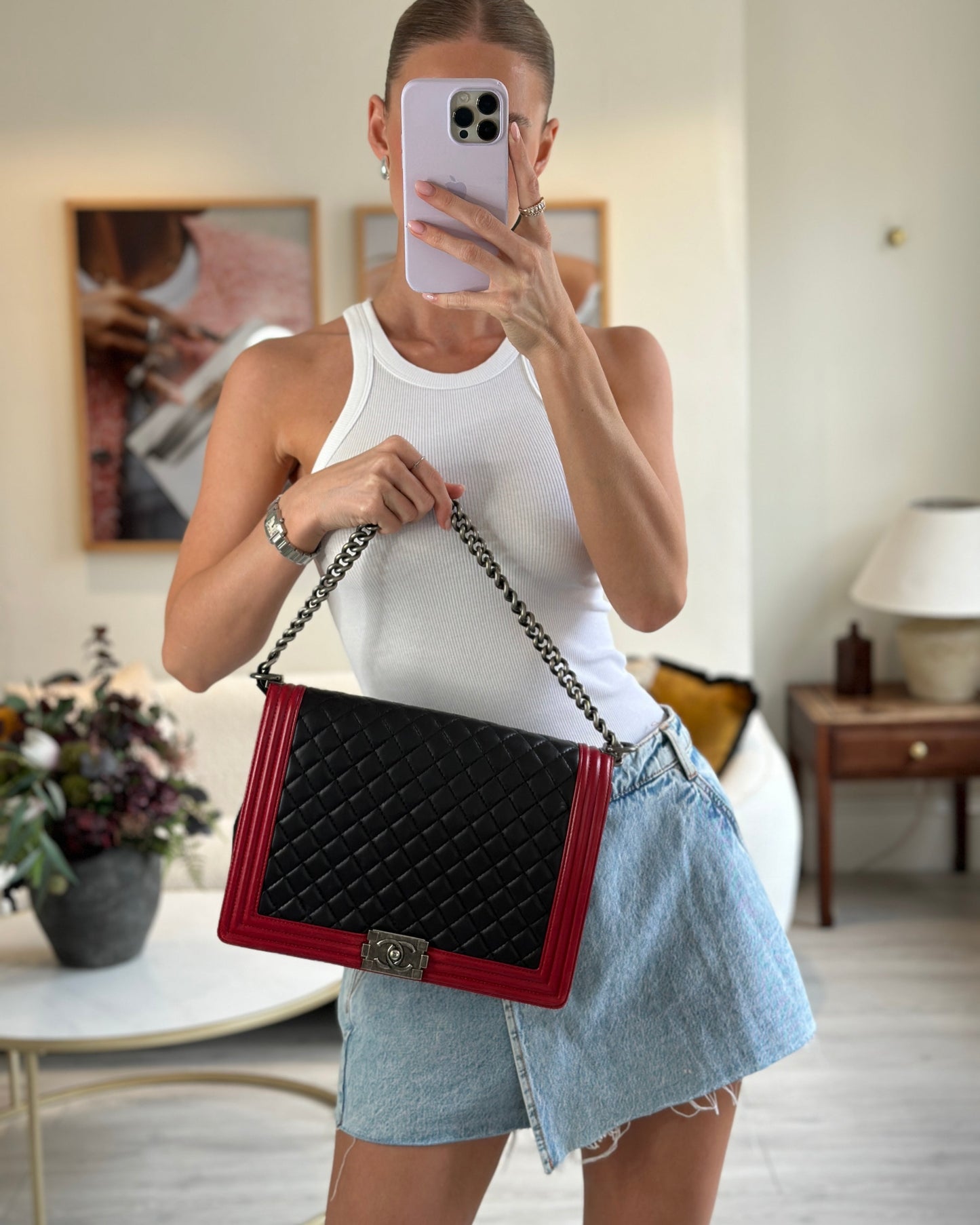 Chanel Black & Red Large Boy in Lambskin Leather with Ruthenium Hardware Accessory