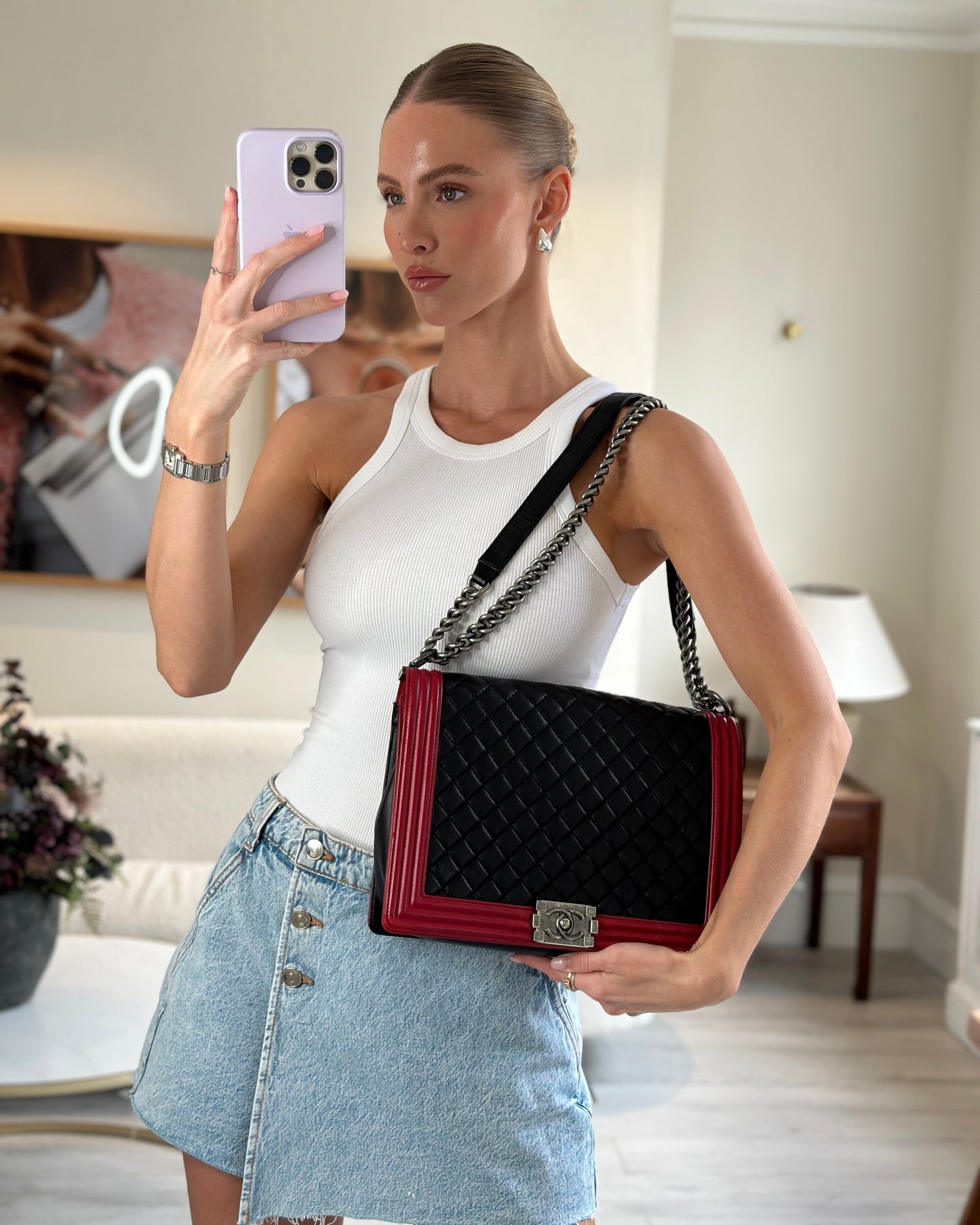 Chanel Black & Red Large Boy in Lambskin Leather with Ruthenium Hardware Accessory