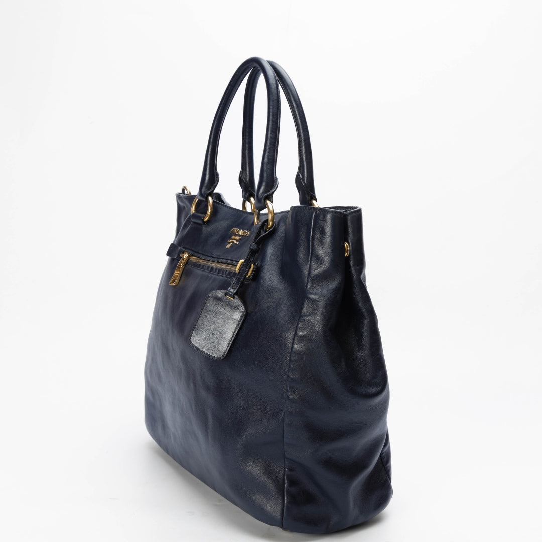 Prada Soft Front Tote Leather Blue Zip Tote Bag
