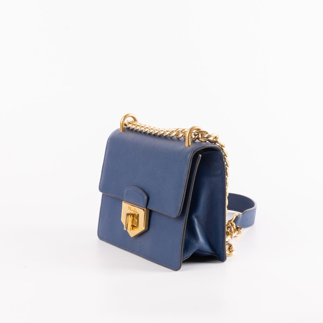 Prada Turnlock Crossbody Bag Leather Blue Chain