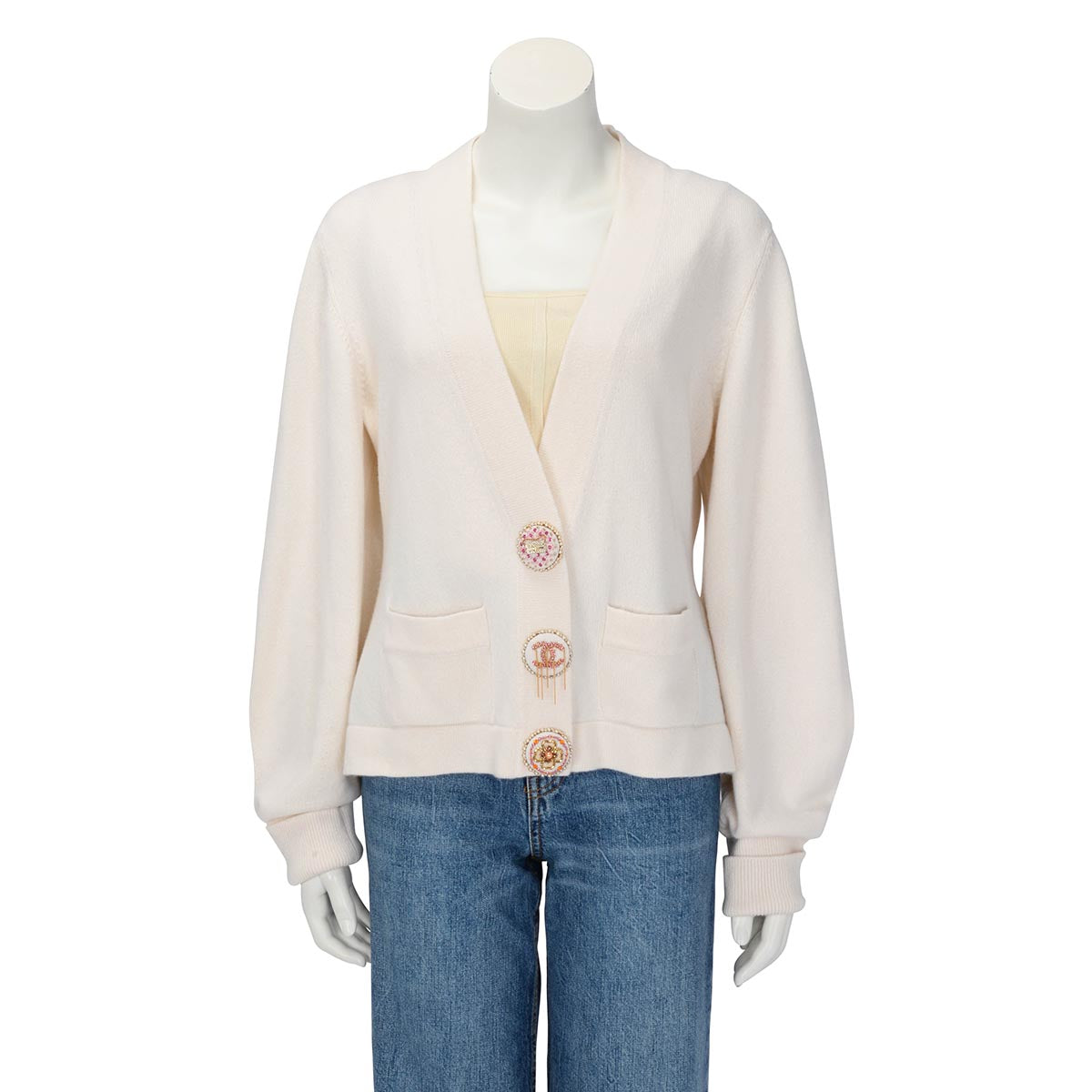 Chanel Cream Cashmere Embellished Button Cardigan FR 46 Apparel