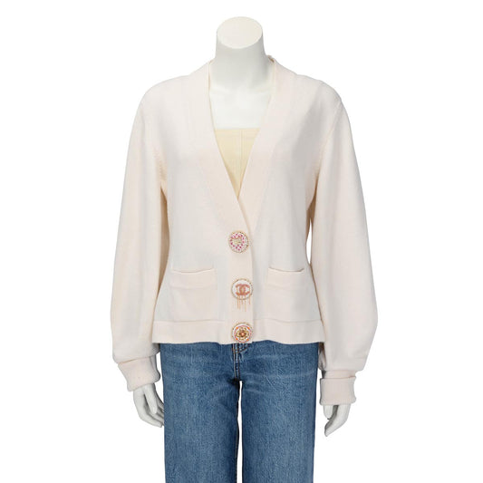 Chanel Cream Cashmere Embellished Button Cardigan FR 46 Apparel