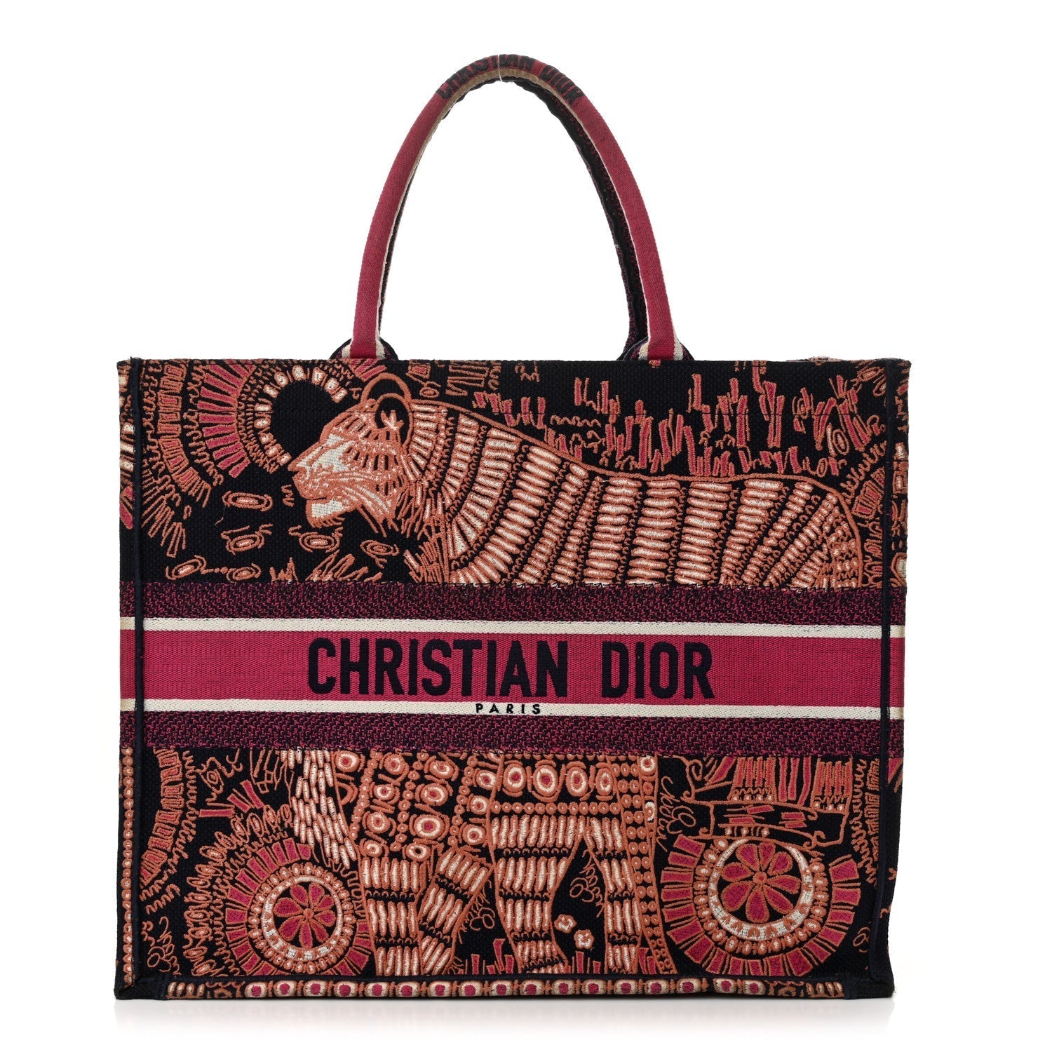 Dior Handbag Christian Animals Tiger Book Tote Deep Fuchsia Canvas Blue Multicolor Tote Bag