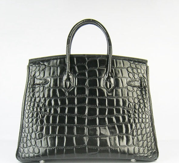 Hermes Luxury Birkin Cm Crocodile Big Veins Handbags Black Silver Travel Bag