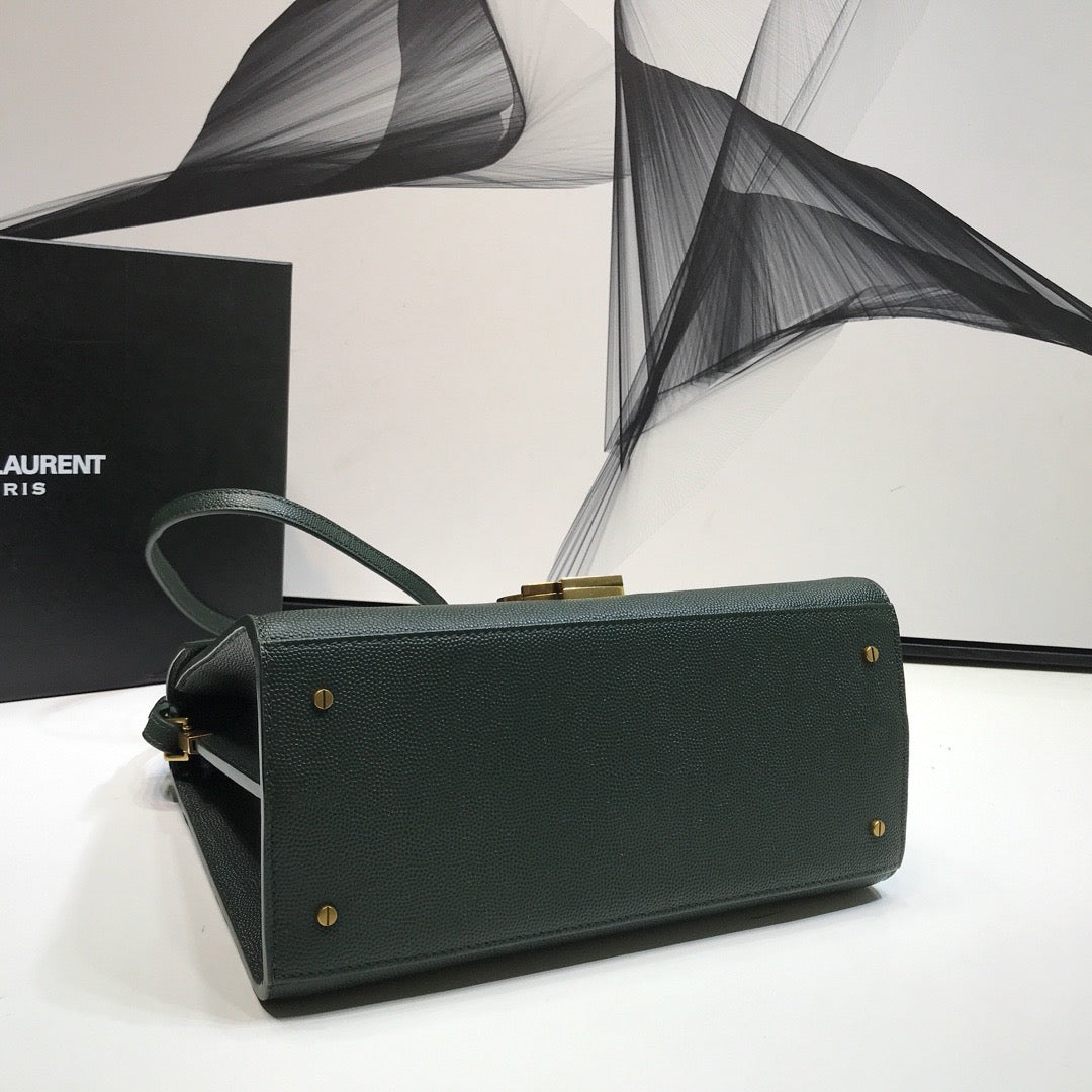 YSL Saint Laurent Cassandra Grain Dark 9in 24.5cm Green Medium Top Handle Handbag
