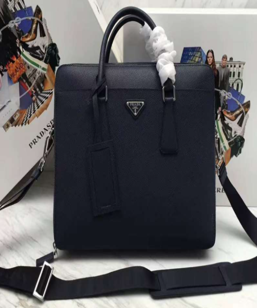 Prada Briefcase Luxury Handbag Leather Blue Navy Travel Bag