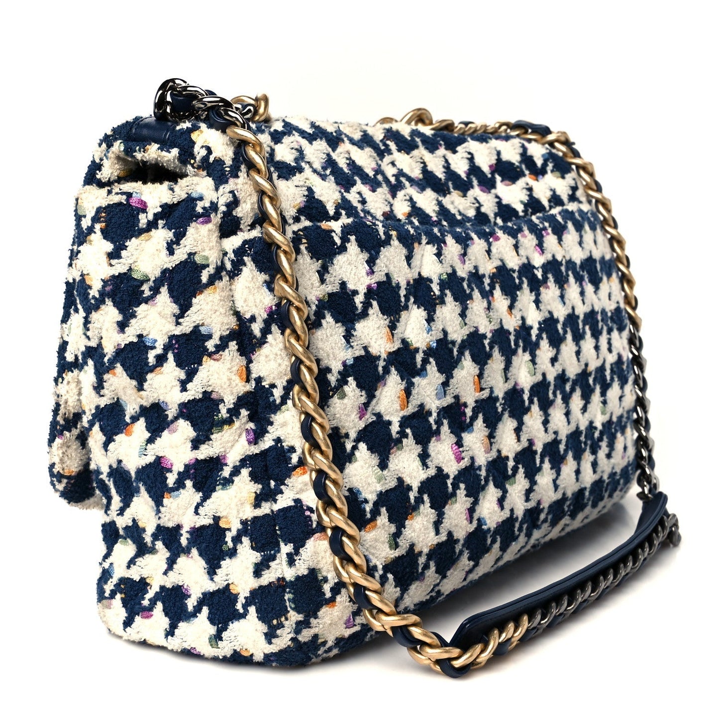 Chanel Tweed Quilted Maxi 19 Flap Ecru Navy Blue Multicolor Accessory