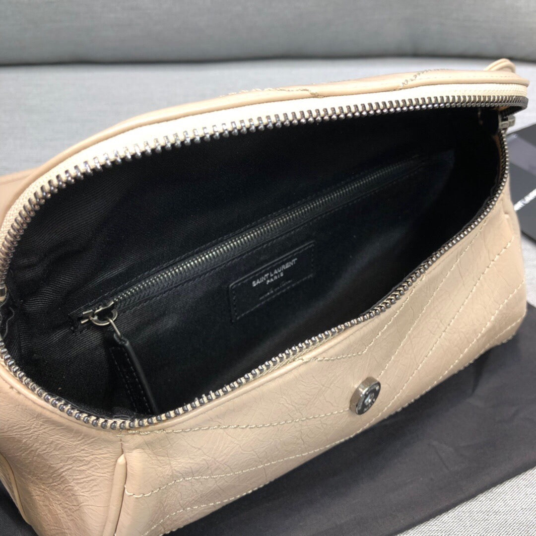 YSL Saint Laurent Niki Crinkled 11in 28cm Beige Medium Shoulder Bag