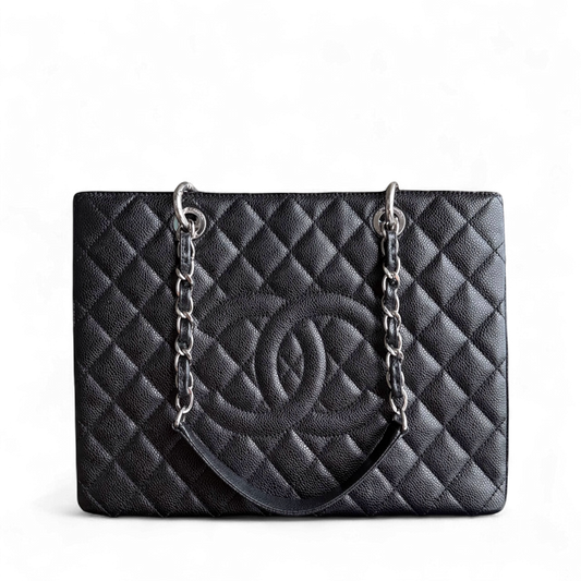 Chanel GST Grand Shopping Tote - Caviar Quilted Grained Calfskin Black Silver Hardware Series 19