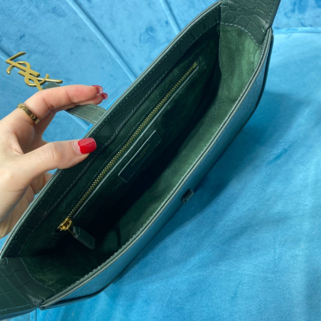 YSL Saint Laurent Le 5 Ã 7 Crocodile Green Shoulder Bag