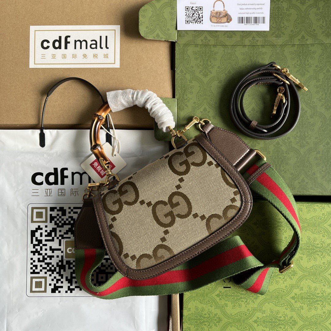 gg Bamboo Jumbo gg Camel Canvas Brown Small Top Handle Travel Bag
