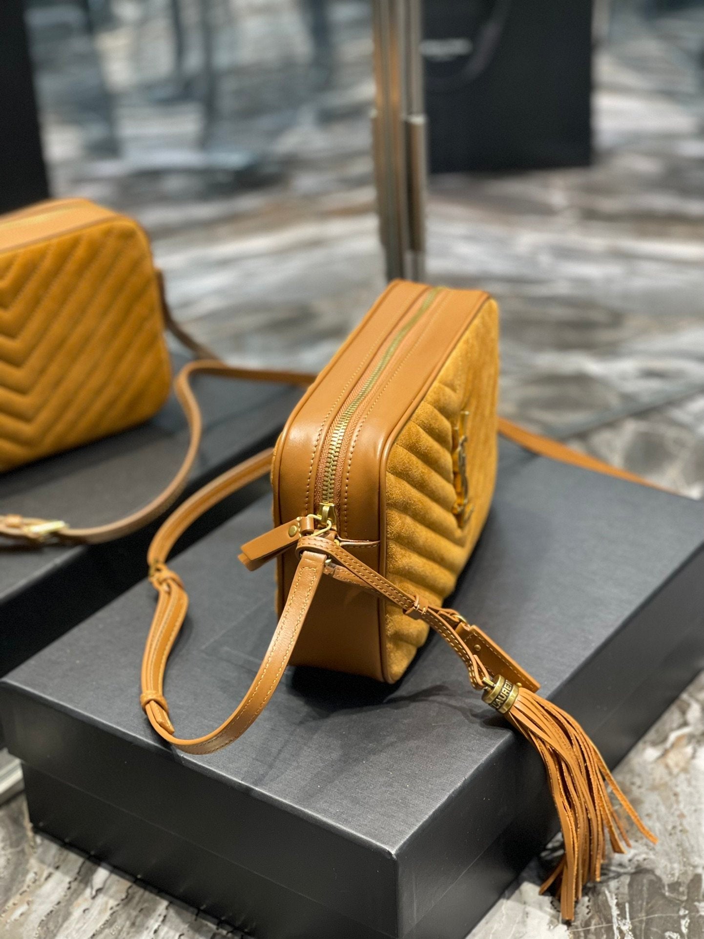 YSL Saint Laurent Lou Camera Toned Hardware 9in Brown Gold Crossbody Bag