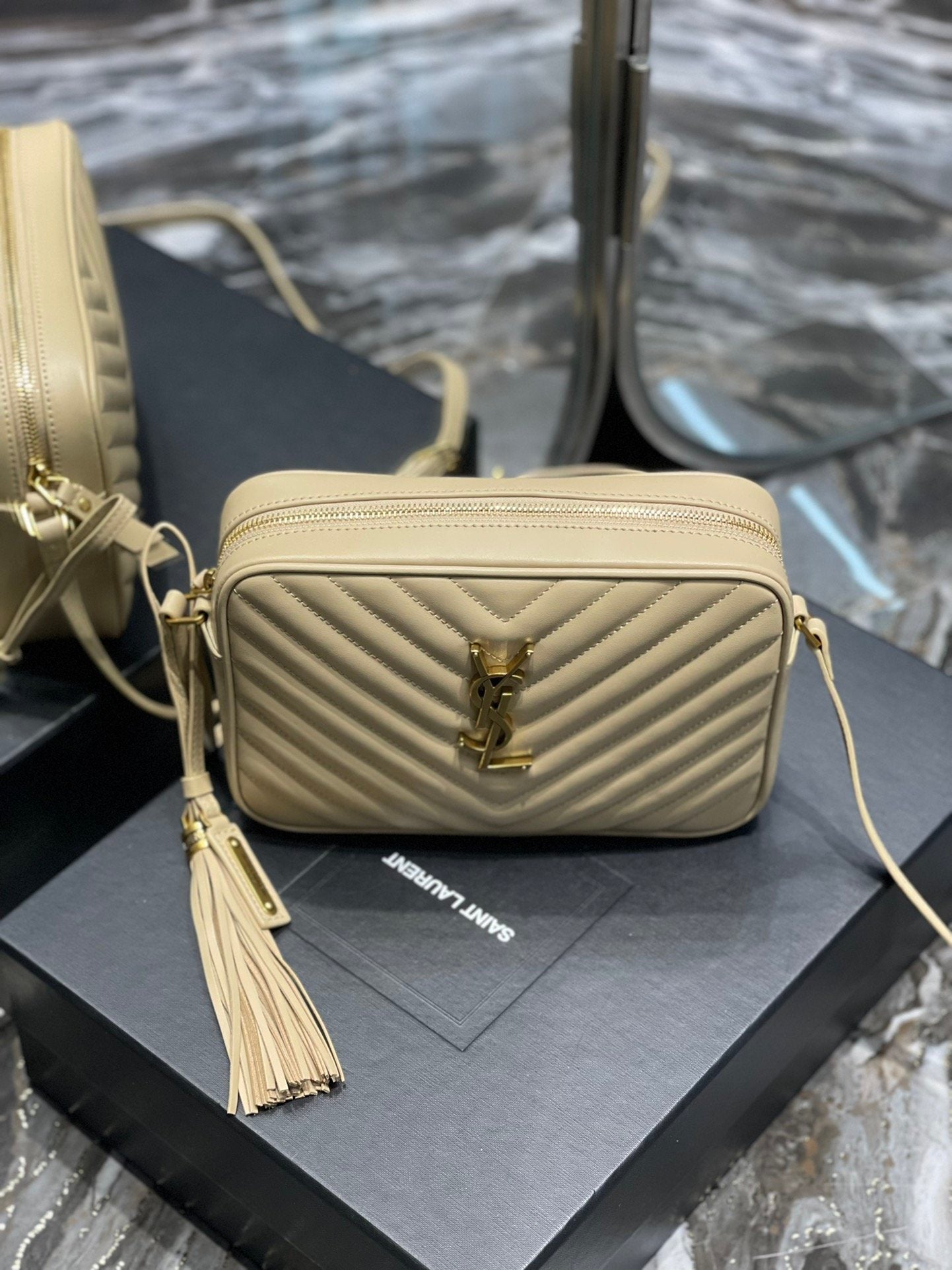 YSL Saint Laurent Lou Camera Toned Hardware 9in Beige Gold Crossbody Bag
