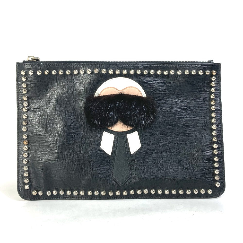Fendi Clutch Bag Fur Studded Pouch Karl Lagerfeld Carlito Leather Black
