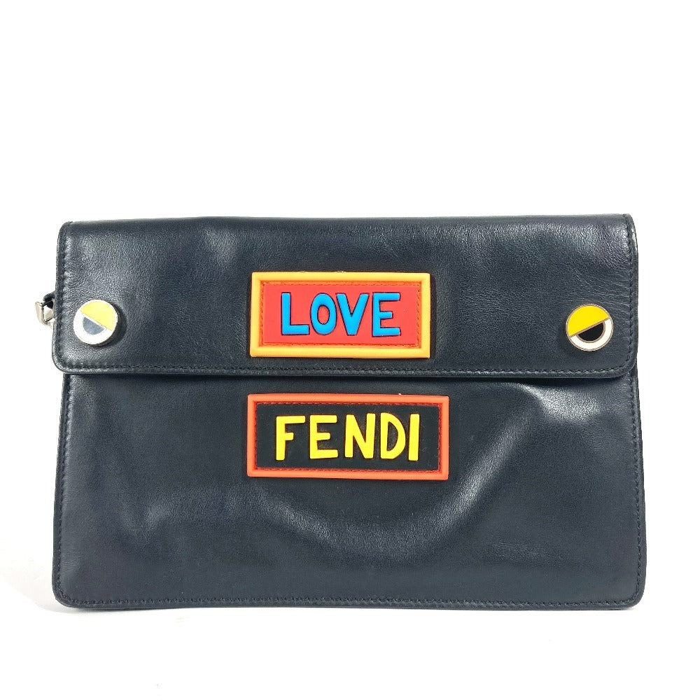 Fendi Clutch Bag Love Unisex Unisex Leather Black Logo