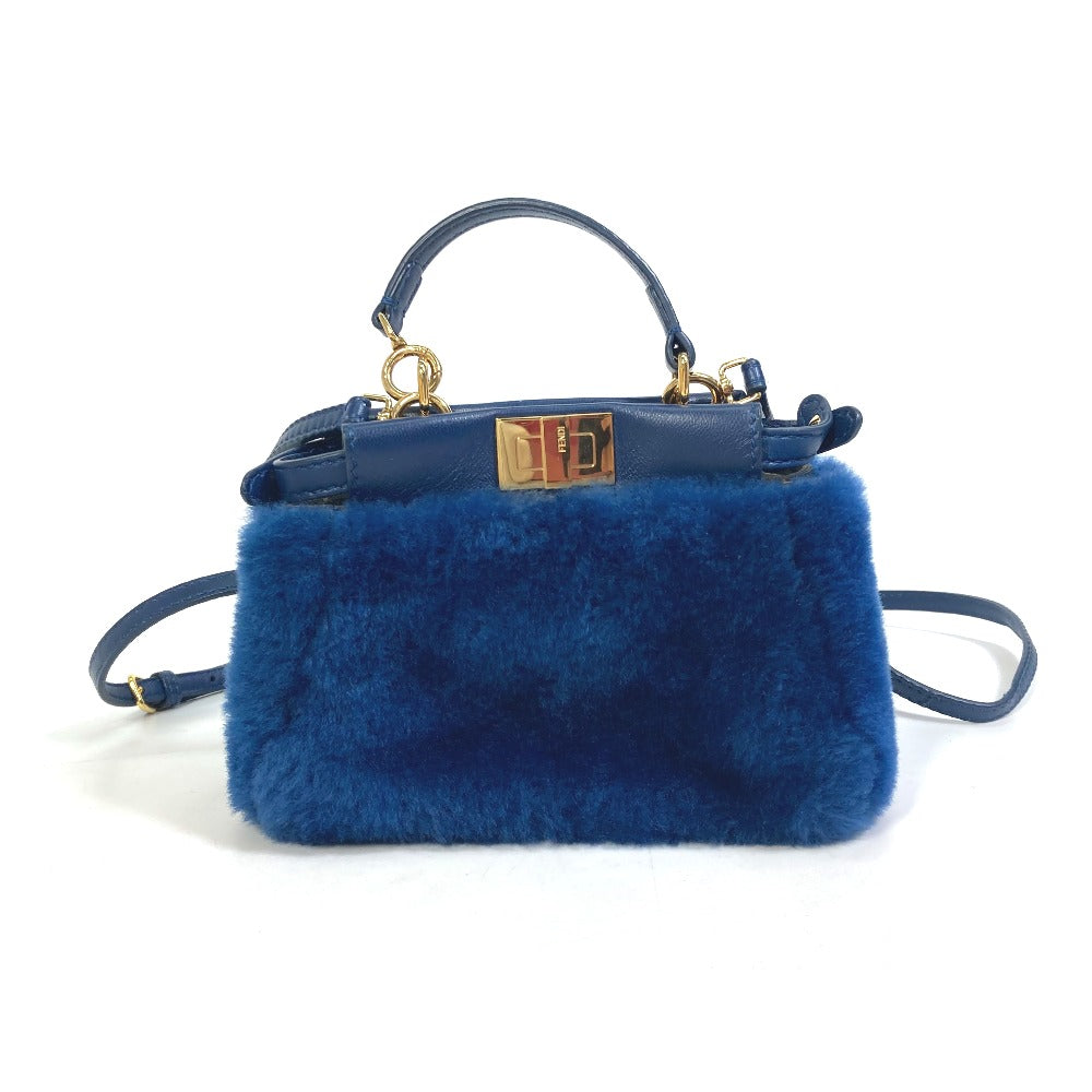 Fendi Handbag Fake Fur Crossbody Peek Boo Leather Blue Micro Crossbody Bag