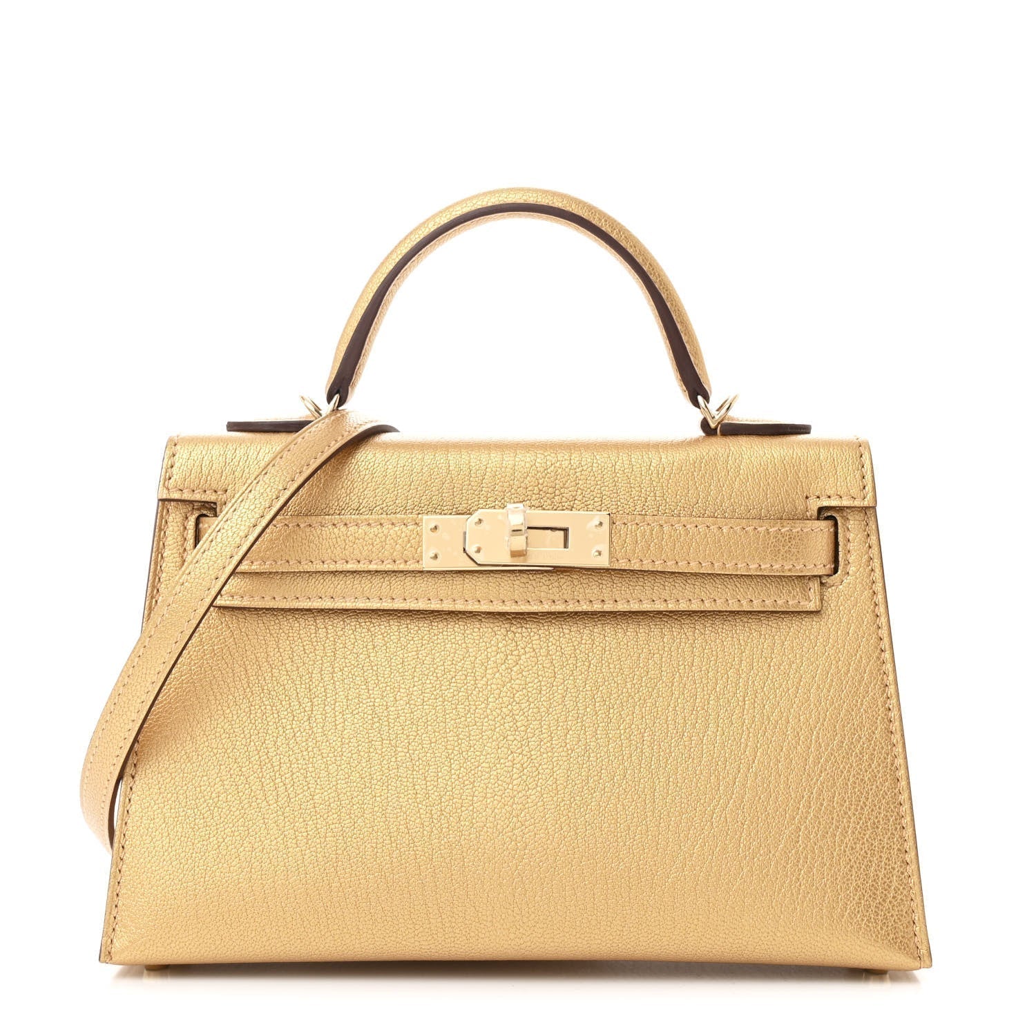 Hermes Metallic Chevre Chamkilight Kelly Sellier Dore Handbag Mini Travel Bag 20 Dore 1709949
