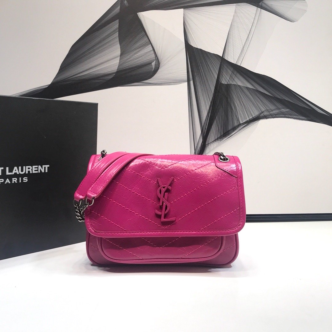 YSL Saint Laurent Niki Baby Crinkled Dark 8in Pink Chain Travel Bag