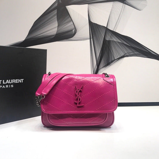 YSL Saint Laurent Niki Baby Crinkled Dark 8in Pink Chain Travel Bag
