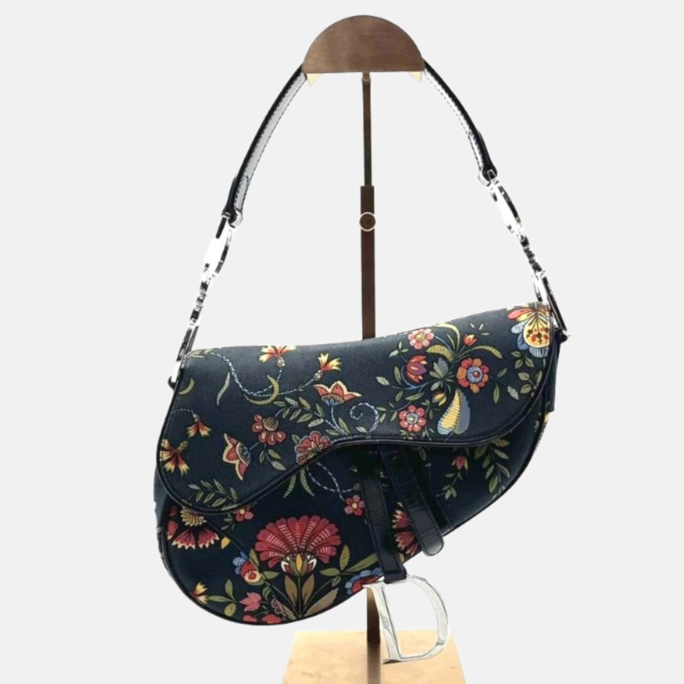 Dior Saddle With Floral Embroidery John Galliano Design Denim Black Travel Bag