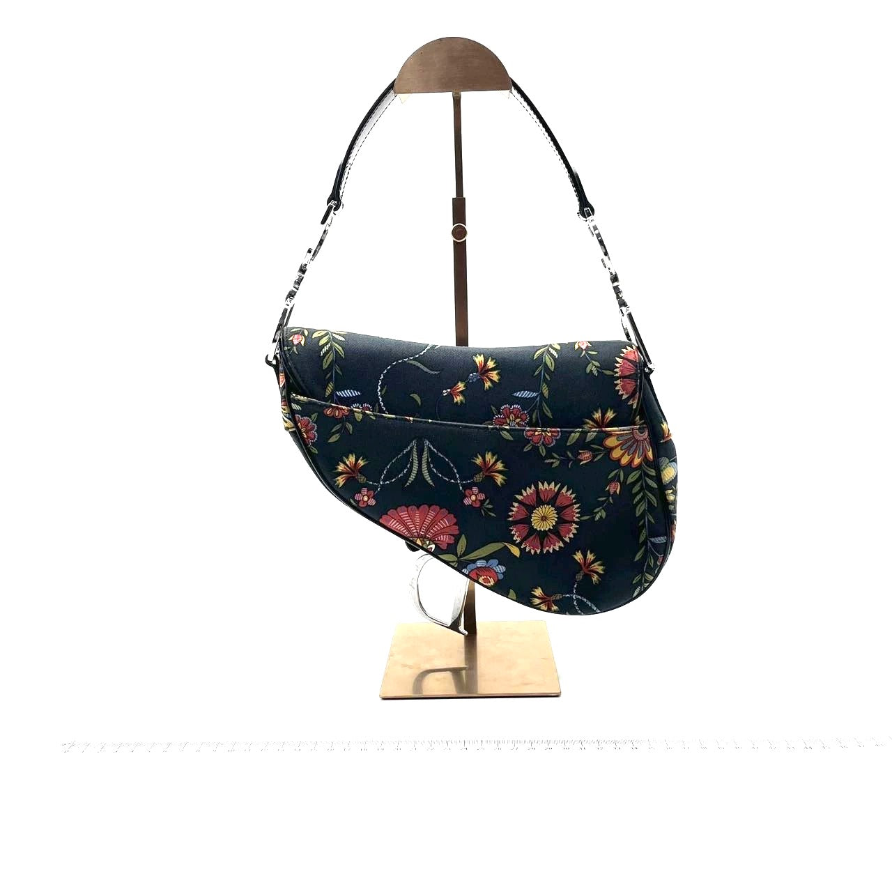 Dior Saddle With Floral Embroidery John Galliano Design Denim Black Travel Bag