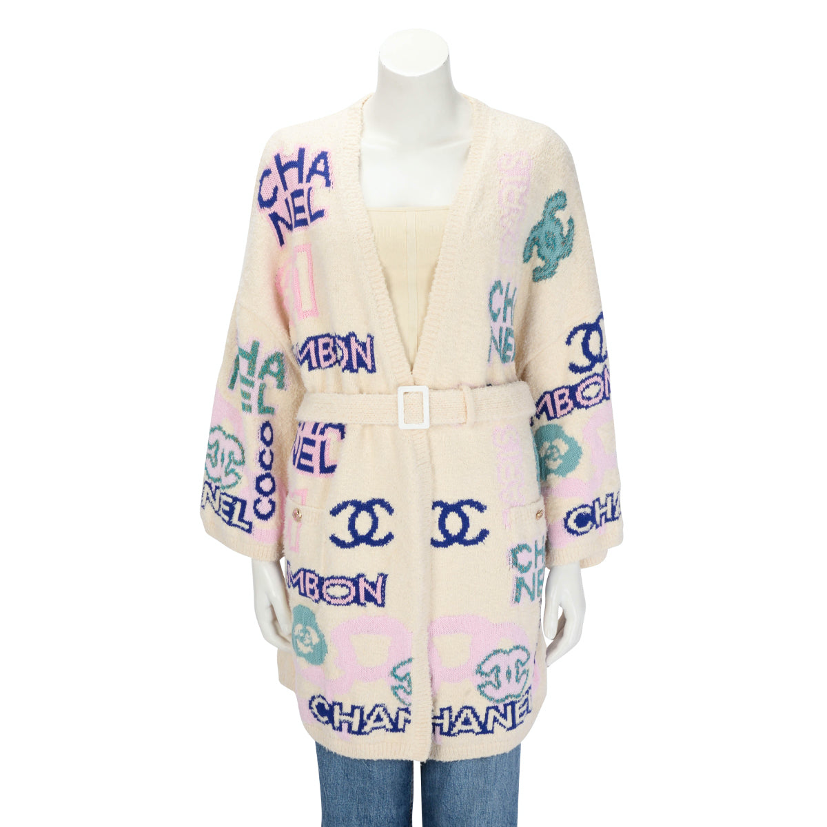 Chanel Multi Colour Cotton Logo Belted Cardigan FR 42 Apparel