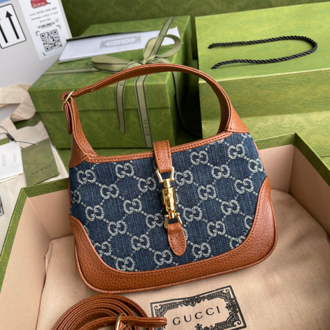gg Jackie Ivory gg Jacquard Denim Blue Mini Shoulder Bag